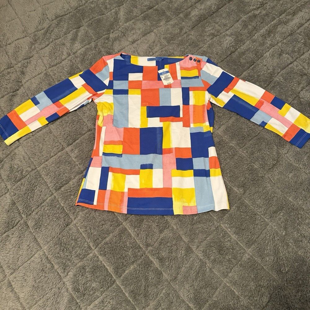 NEW J.McLaughlin Small Waves on Knit Blue/Red/Yellow Abstract Tile Top